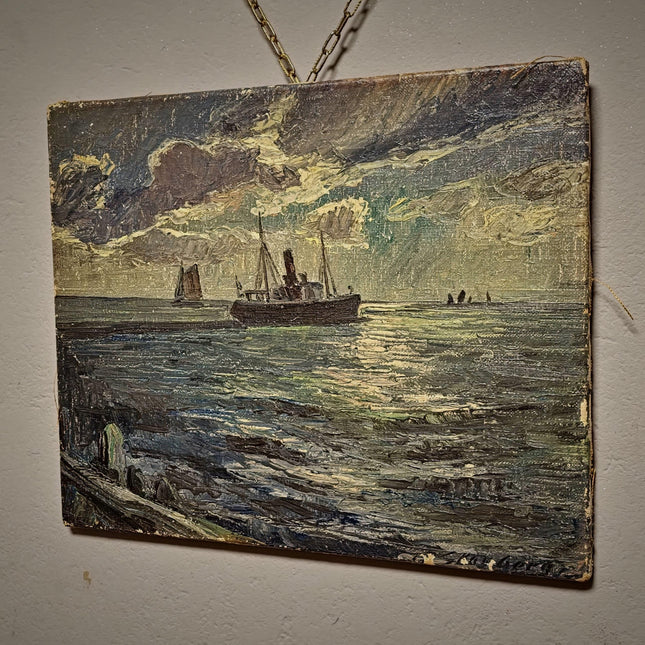 Antique Marine Oil Painting, German Seascape with Steamship, Signed Nautical Artwork, Impressionist Ocean Scene, Vintage Coastal Wall Decor