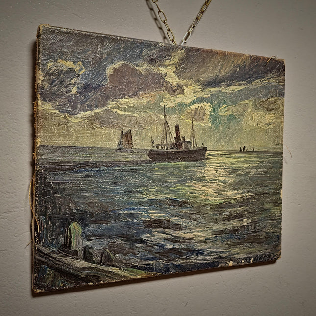 Antique Marine Oil Painting, German Seascape with Steamship, Signed Nautical Artwork, Impressionist Ocean Scene, Vintage Coastal Wall Decor