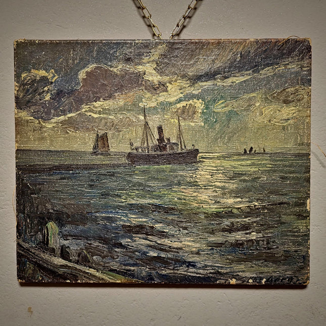 Antique Marine Oil Painting, German Seascape with Steamship, Signed Nautical Artwork, Impressionist Ocean Scene, Vintage Coastal Wall Decor
