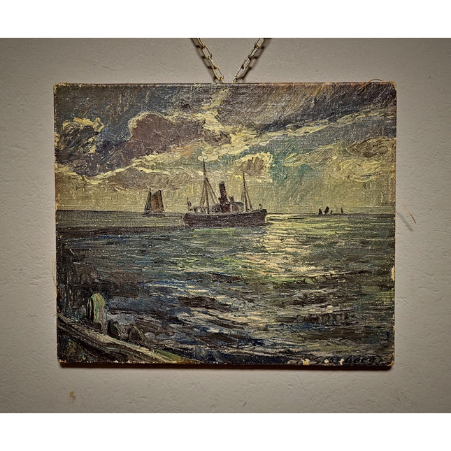 Antique Marine Oil Painting, German Seascape with Steamship, Signed Nautical Artwork, Impressionist Ocean Scene, Vintage Coastal Wall Decor