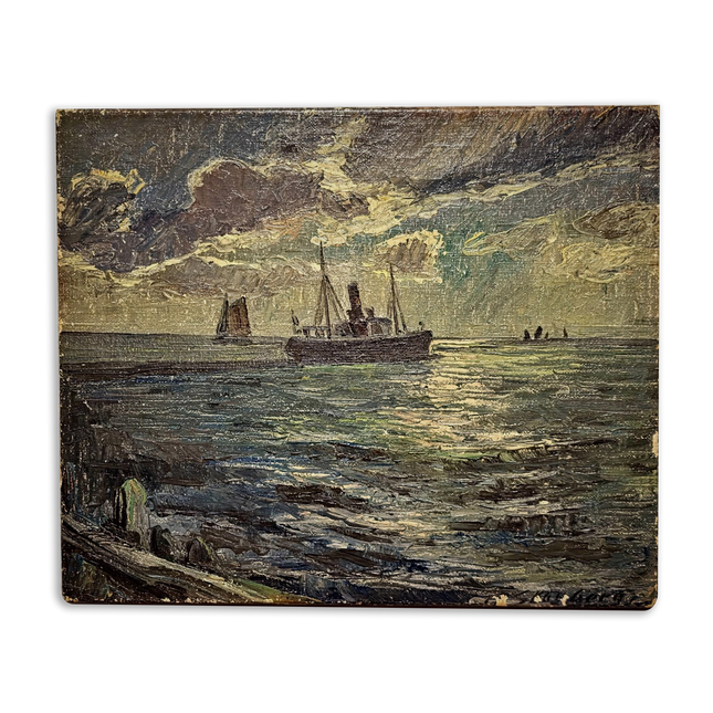 Antique Marine Oil Painting, German Seascape with Steamship, Signed Nautical Artwork, Impressionist Ocean Scene, Vintage Coastal Wall Decor