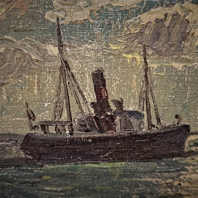 Antique Marine Oil Painting, German Seascape with Steamship, Signed Nautical Artwork, Impressionist Ocean Scene, Vintage Coastal Wall Decor