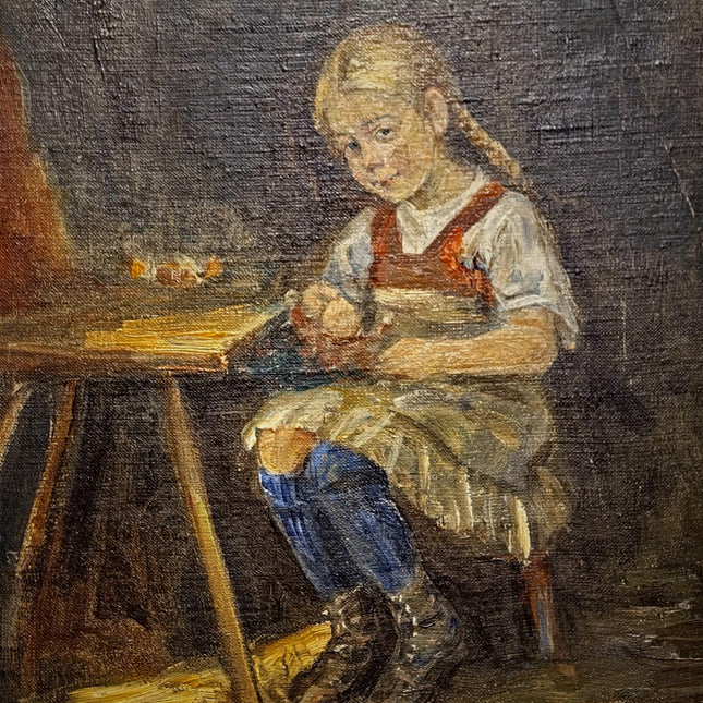 Vintage German Genre Oil Painting, Girl Working Interior Scene, Cozy Domestic Artwork, Framed Wall Decor, Cottagecore Home Art
