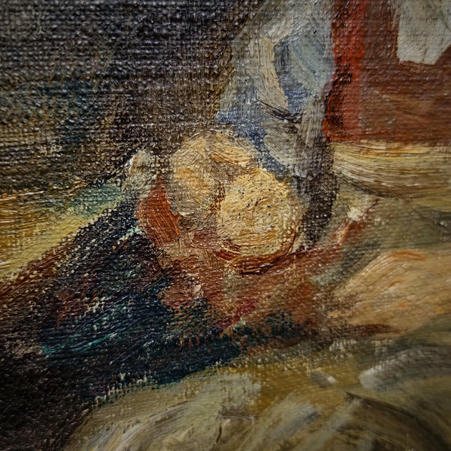 Vintage German Genre Oil Painting, Girl Working Interior Scene, Cozy Domestic Artwork, Framed Wall Decor, Cottagecore Home Art