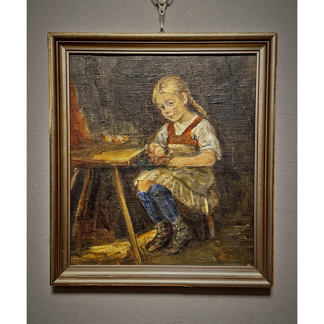 Vintage German Genre Oil Painting, Girl Working Interior Scene, Cozy Domestic Artwork, Framed Wall Decor, Cottagecore Home Art