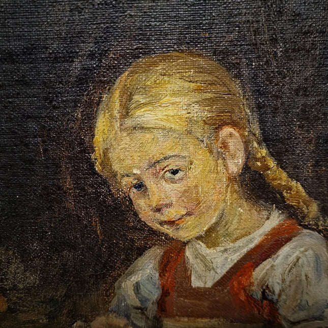 Vintage German Genre Oil Painting, Girl Working Interior Scene, Cozy Domestic Artwork, Framed Wall Decor, Cottagecore Home Art