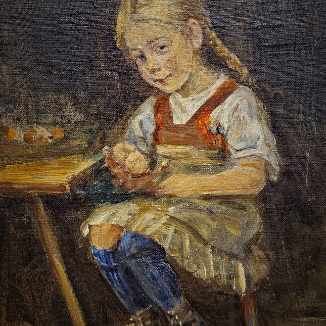 Vintage German Genre Oil Painting, Girl Working Interior Scene, Cozy Domestic Artwork, Framed Wall Decor, Cottagecore Home Art
