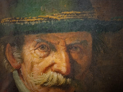 Antique German Portrait Oil Painting, Man With Pipe, Gold Framed Original Signed Artwork, Character Face Study, Dark Academia Wall Decor