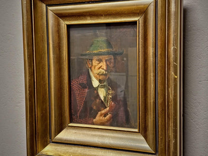 Antique German Portrait Oil Painting, Man With Pipe, Gold Framed Original Signed Artwork, Character Face Study, Dark Academia Wall Decor