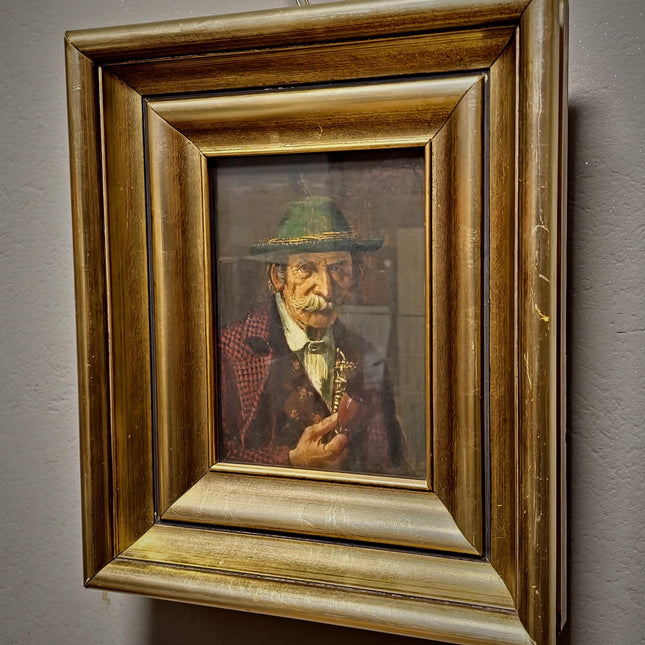 Antique German Portrait Oil Painting, Man With Pipe, Gold Framed Original Signed Artwork, Character Face Study, Dark Academia Wall Decor