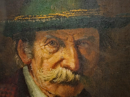 Antique German Portrait Oil Painting, Man With Pipe, Gold Framed Original Signed Artwork, Character Face Study, Dark Academia Wall Decor