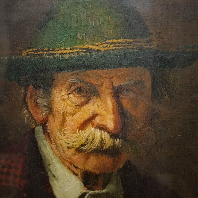 Antique German Portrait Oil Painting, Man With Pipe, Gold Framed Original Signed Artwork, Character Face Study, Dark Academia Wall Decor