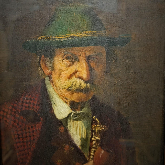 Antique German Portrait Oil Painting, Man With Pipe, Gold Framed Original Signed Artwork, Character Face Study, Dark Academia Wall Decor