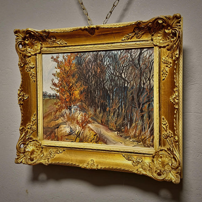 Vintage Autumn Landscape Oil Painting, Signed Gold Framed Original Artwork, Forest Path Scene, Mid Century Wall Decor, Rustic Farmhouse Art