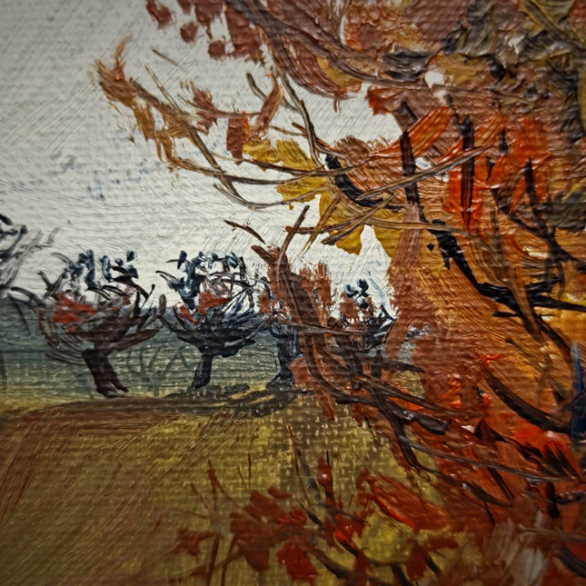 Vintage Autumn Landscape Oil Painting, Signed Gold Framed Original Artwork, Forest Path Scene, Mid Century Wall Decor, Rustic Farmhouse Art