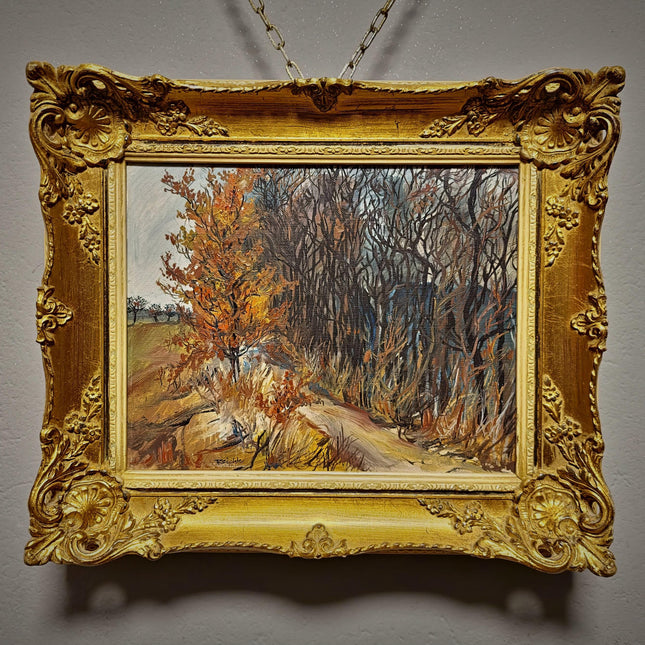 Vintage Autumn Landscape Oil Painting, Signed Gold Framed Original Artwork, Forest Path Scene, Mid Century Wall Decor, Rustic Farmhouse Art