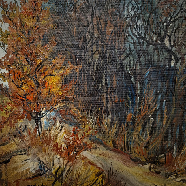 Vintage Autumn Landscape Oil Painting, Signed Gold Framed Original Artwork, Forest Path Scene, Mid Century Wall Decor, Rustic Farmhouse Art