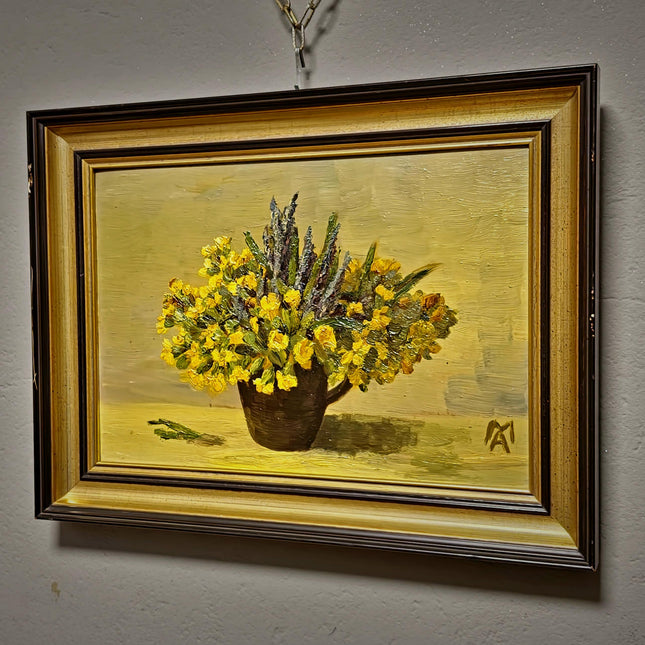 Small Vintage Floral Oil Painting, Yellow Flowers Still Life, Signed German Artwork, Framed Kitchen Wall Decor, Cottagecore Home Art