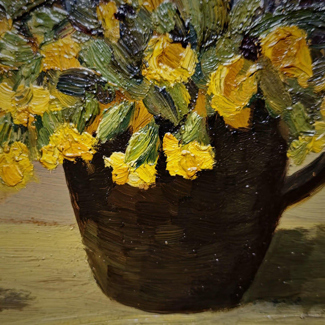 Small Vintage Floral Oil Painting, Yellow Flowers Still Life, Signed German Artwork, Framed Kitchen Wall Decor, Cottagecore Home Art