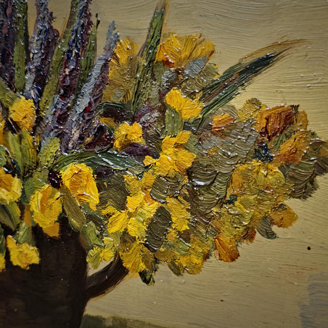 Small Vintage Floral Oil Painting, Yellow Flowers Still Life, Signed German Artwork, Framed Kitchen Wall Decor, Cottagecore Home Art