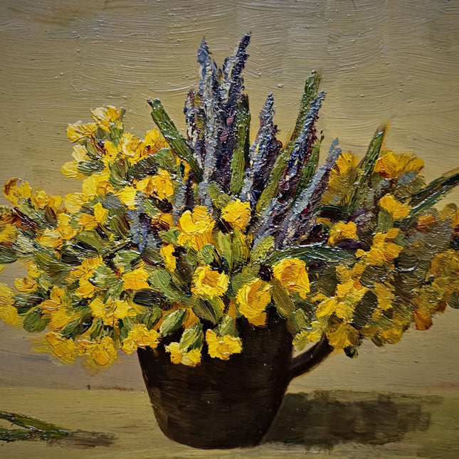Small Vintage Floral Oil Painting, Yellow Flowers Still Life, Signed German Artwork, Framed Kitchen Wall Decor, Cottagecore Home Art