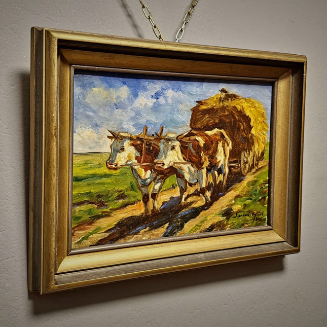 Vintage Farm Life Oil Painting, Oxen Cart Scene, Framed Farmhouse Wall Decor, Signed European Rural Artwork, Rustic Countryside Art