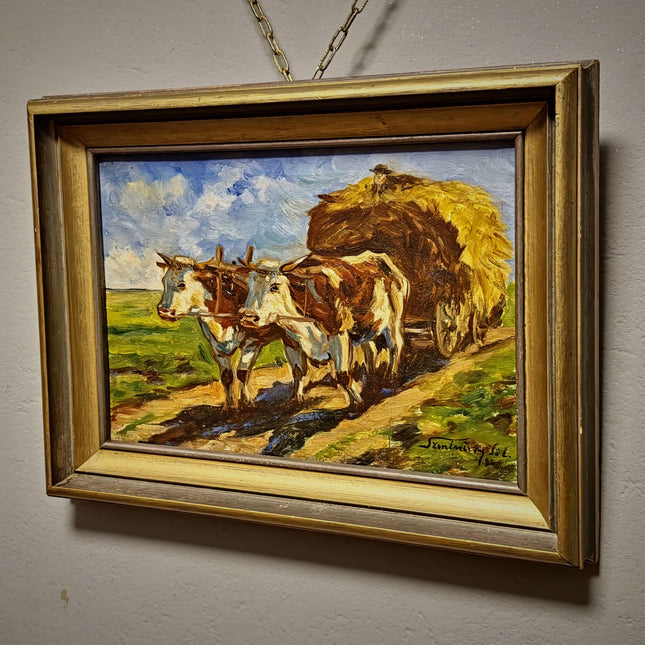 Vintage Farm Life Oil Painting, Oxen Cart Scene, Framed Farmhouse Wall Decor, Signed European Rural Artwork, Rustic Countryside Art