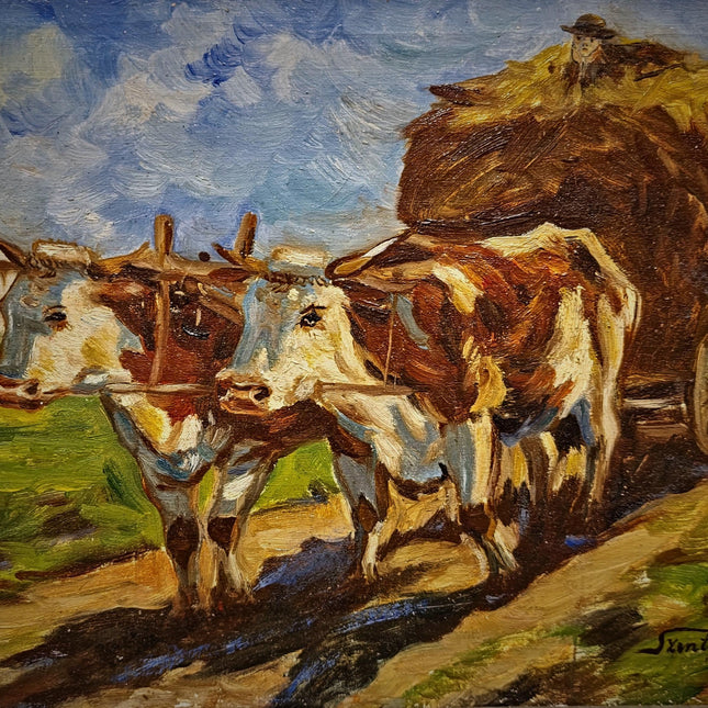 Vintage Farm Life Oil Painting, Oxen Cart Scene, Framed Farmhouse Wall Decor, Signed European Rural Artwork, Rustic Countryside Art