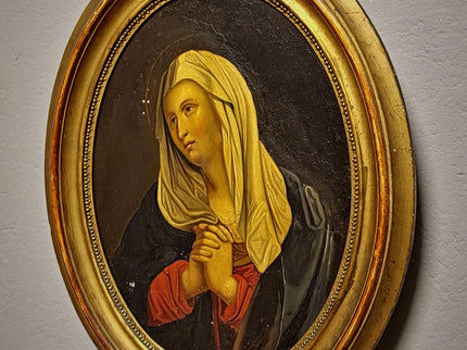 Antique Madonna Oil Painting, Virgin Mary Portrait, Catholic Devotional Art, Oval Framed Wall Decor, 19th Century Sacred Artwork