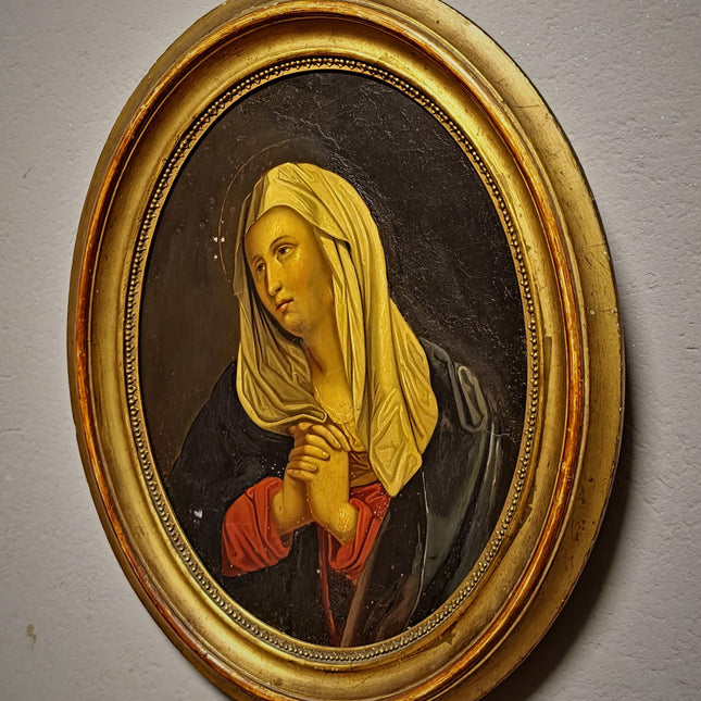 Antique Madonna Oil Painting, Virgin Mary Portrait, Catholic Devotional Art, Oval Framed Wall Decor, 19th Century Sacred Artwork