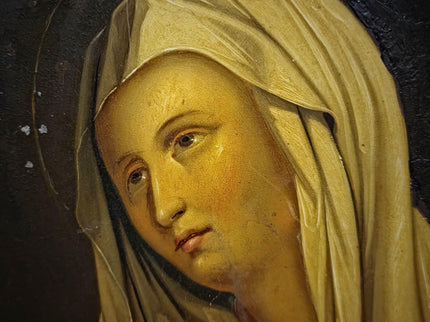Antique Madonna Oil Painting, Virgin Mary Portrait, Catholic Devotional Art, Oval Framed Wall Decor, 19th Century Sacred Artwork