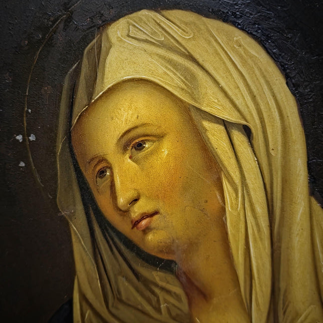 Antique Madonna Oil Painting, Virgin Mary Portrait, Catholic Devotional Art, Oval Framed Wall Decor, 19th Century Sacred Artwork