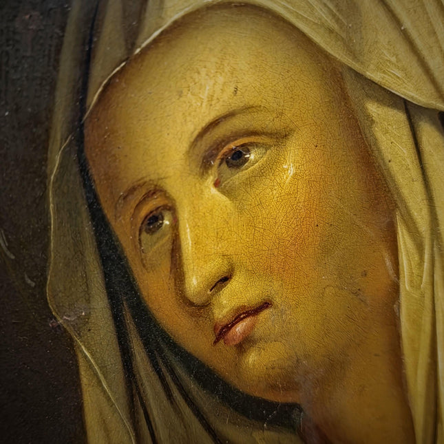 Antique Madonna Oil Painting, Virgin Mary Portrait, Catholic Devotional Art, Oval Framed Wall Decor, 19th Century Sacred Artwork