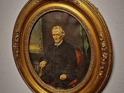Antique German Gentleman Portrait, 19th Century Character Oil Painting, Original Oval Framed Wall Art, Dark Academia Decor, Victorian Style
