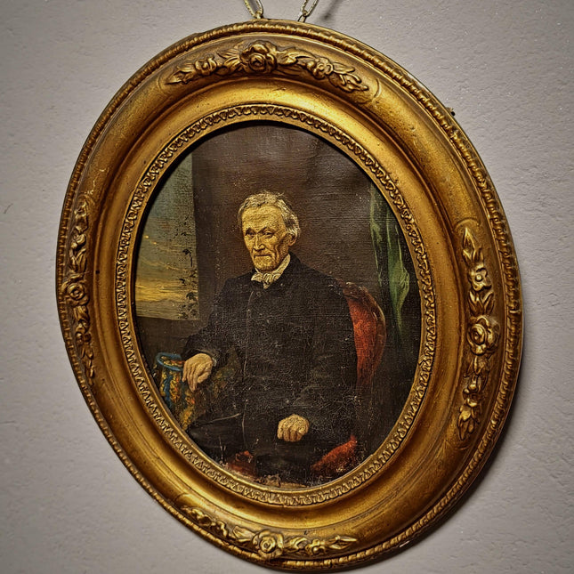 Antique German Gentleman Portrait, 19th Century Character Oil Painting, Original Oval Framed Wall Art, Dark Academia Decor, Victorian Style
