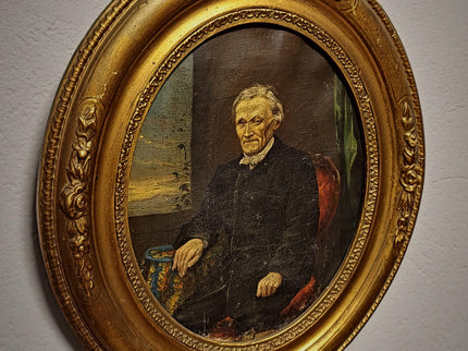 Antique German Gentleman Portrait, 19th Century Character Oil Painting, Original Oval Framed Wall Art, Dark Academia Decor, Victorian Style