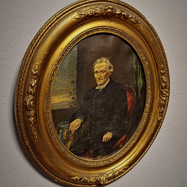 Antique German Gentleman Portrait, 19th Century Character Oil Painting, Original Oval Framed Wall Art, Dark Academia Decor, Victorian Style