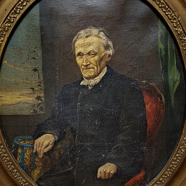 Antique German Gentleman Portrait, 19th Century Character Oil Painting, Original Oval Framed Wall Art, Dark Academia Decor, Victorian Style