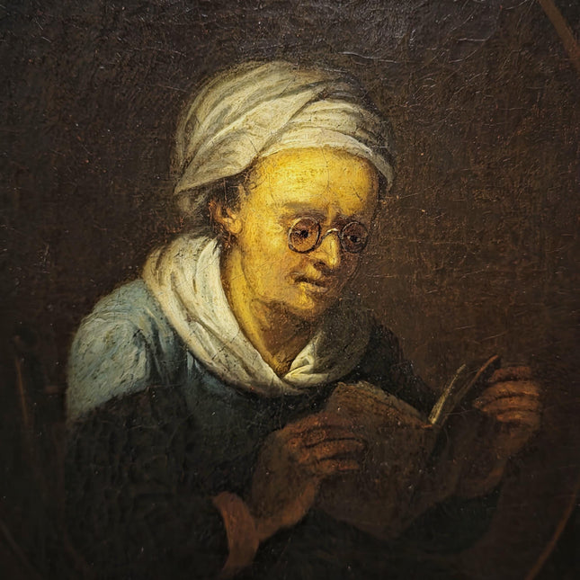 Rare 18th Century Dutch Oil Painting, Old Woman Reading With Glasses, Genre Scene Original Artwork, Old Master Style, Dark Academia Decor