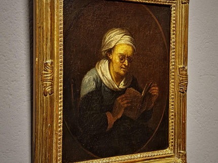 Rare 18th Century Dutch Oil Painting, Old Woman Reading With Glasses, Genre Scene Original Artwork, Old Master Style, Dark Academia Decor