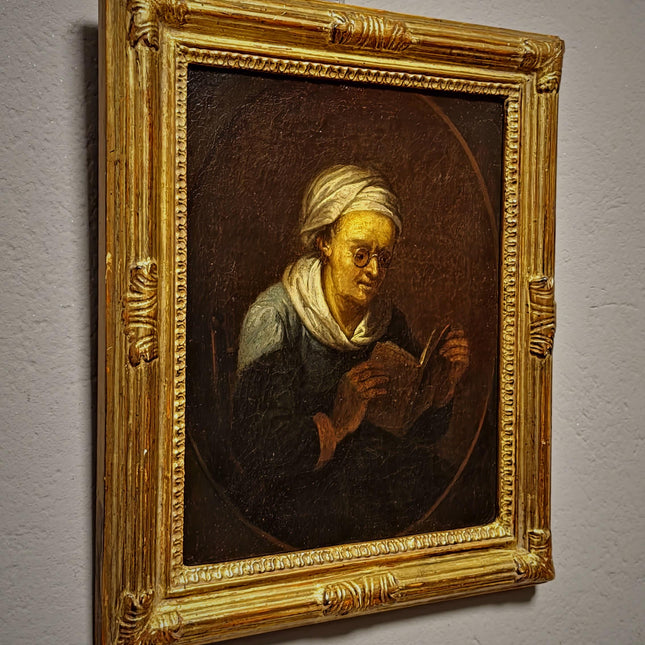 Rare 18th Century Dutch Oil Painting, Old Woman Reading With Glasses, Genre Scene Original Artwork, Old Master Style, Dark Academia Decor