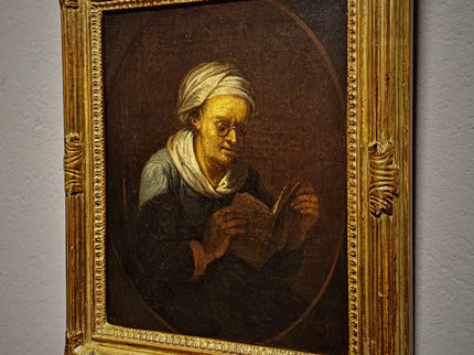 Rare 18th Century Dutch Oil Painting, Old Woman Reading With Glasses, Genre Scene Original Artwork, Old Master Style, Dark Academia Decor