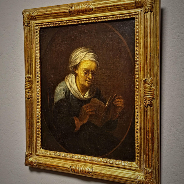 Rare 18th Century Dutch Oil Painting, Old Woman Reading With Glasses, Genre Scene Original Artwork, Old Master Style, Dark Academia Decor