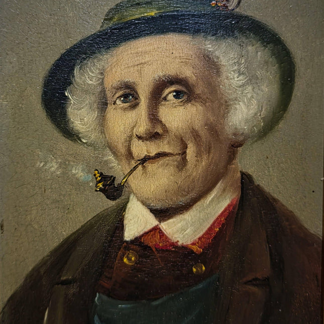 Antique Gentleman With Pipe Oil Painting, Original Framed Artwork, 19th Century Character Portrait, German Male Art, Dark Academia Decor