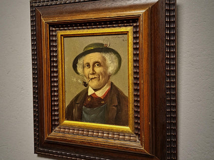 Antique Gentleman With Pipe Oil Painting, Original Framed Artwork, 19th Century Character Portrait, German Male Art, Dark Academia Decor
