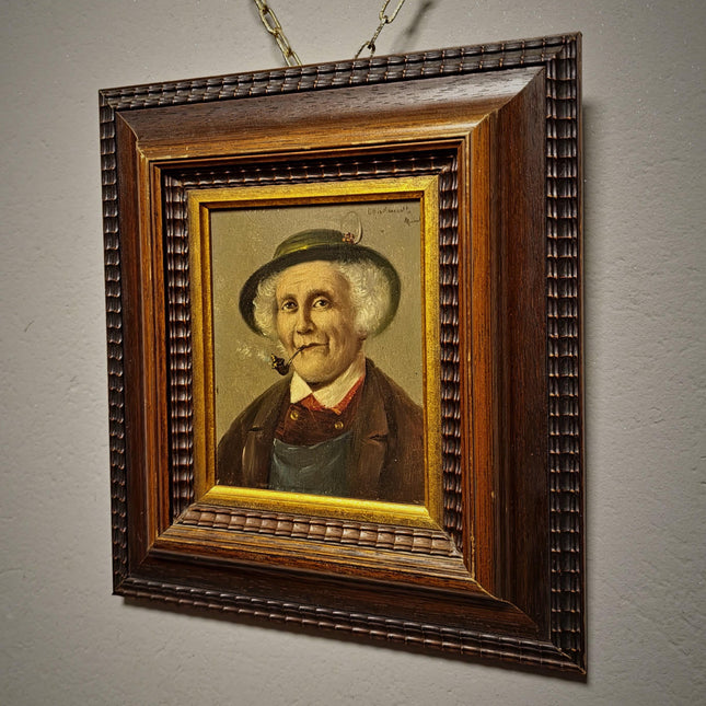 Antique Gentleman With Pipe Oil Painting, Original Framed Artwork, 19th Century Character Portrait, German Male Art, Dark Academia Decor