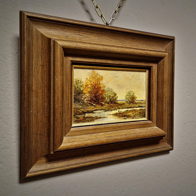 Vintage Autumn Landscape Oil Painting, Original Signed Artwork, European River Scene, Framed Rustic Wall Art, Farmhouse Decor