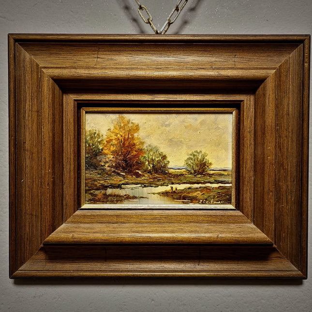 Vintage Autumn Landscape Oil Painting, Original Signed Artwork, European River Scene, Framed Rustic Wall Art, Farmhouse Decor