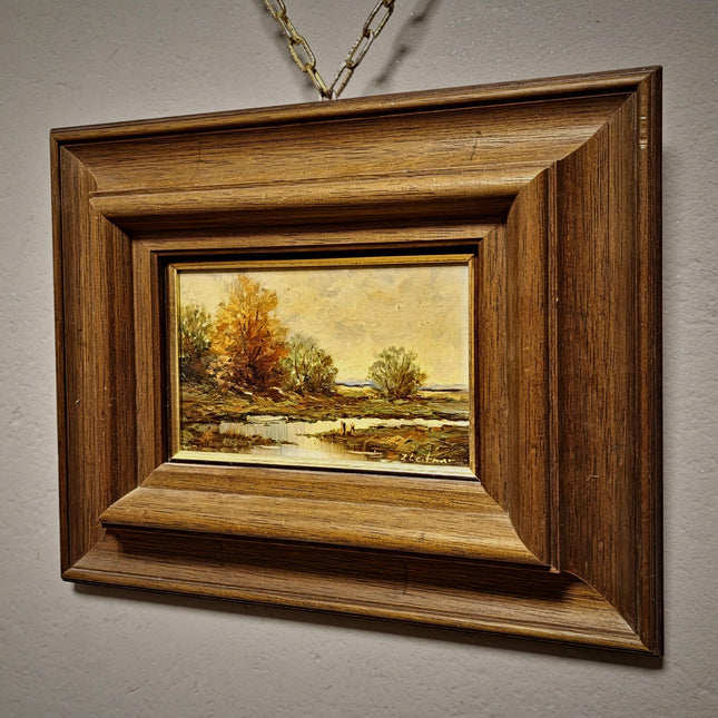 Vintage Autumn Landscape Oil Painting, Original Signed Artwork, European River Scene, Framed Rustic Wall Art, Farmhouse Decor