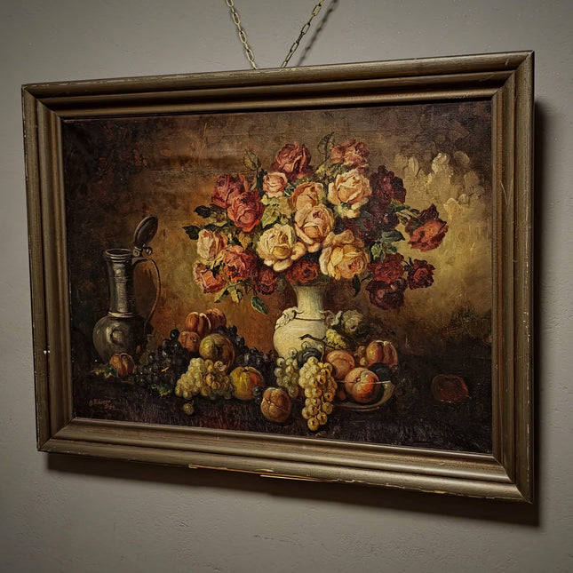 Large Antique Dutch Still Life Oil Painting, Signed Flemish Floral Fruit Artwork, Old Master Decor, Dark Academia Wall Art, Framed Vintage